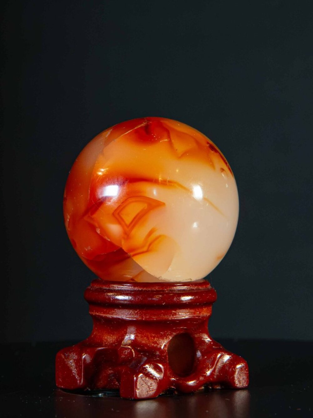 Natural Carnelian Agate Crystal Sphere + Wood Stand